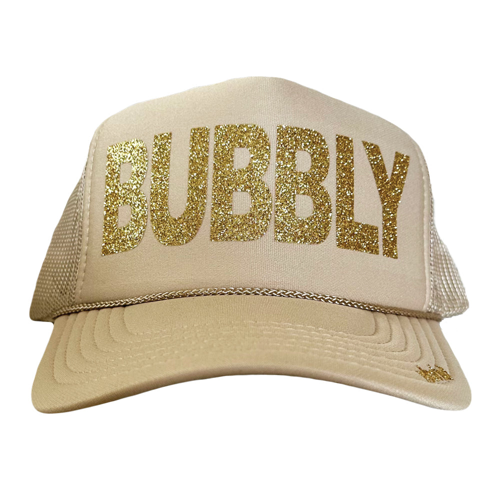 Khaki trucker mesh back hat with adjustable strap with gold glitter Bubbly on the front 