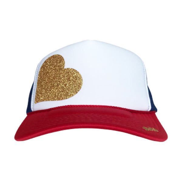 Heart in glitter gold ink on the front panel of a classic mesh red, white, blue trucker cap with an adjustable snapback