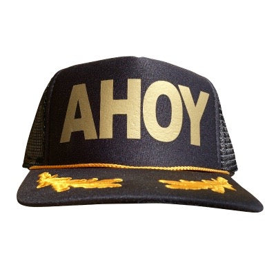 Ahoy in gold ink on the front panel of a classic mesh black trucker cap with an adjustable snapback