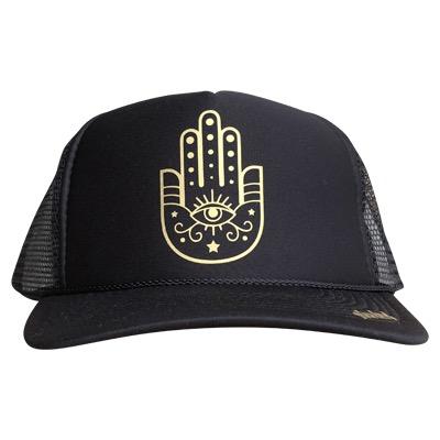 Hamsa Hand graphic in gold ink on the front panel of a black trucker cap with an adjustable snapback