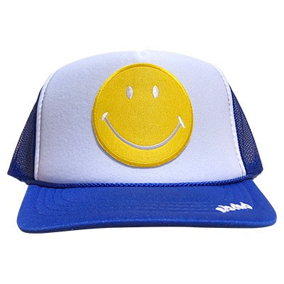 Yellow Happy Face patch on the front panel of a mesh royal-white trucker cap with an adjustable snapback, small fit