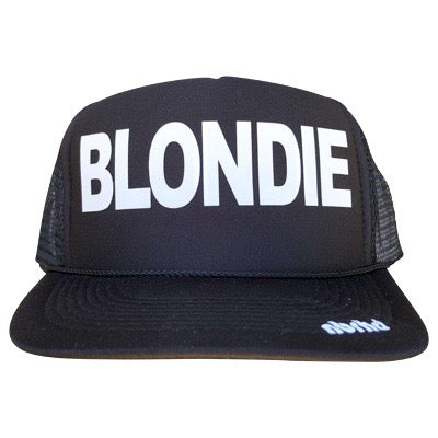 Blondie in white ink on the front panel of a black trucker cap with an adjustable snapback