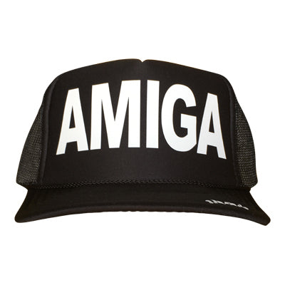 Amiga in white ink on the front panel of a classic mesh black trucker cap with an adjustable snapback