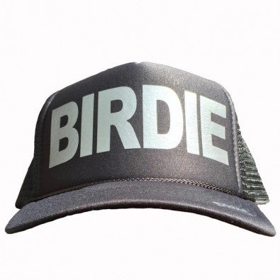Birdie in silver ink on the front panel of a classic mesh charcoal trucker cap with an adjustable snapback
