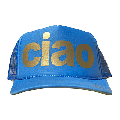 Ciao in gold ink on the front panel of a Columbia blue mesh trucker cap with an adjustable snapback
