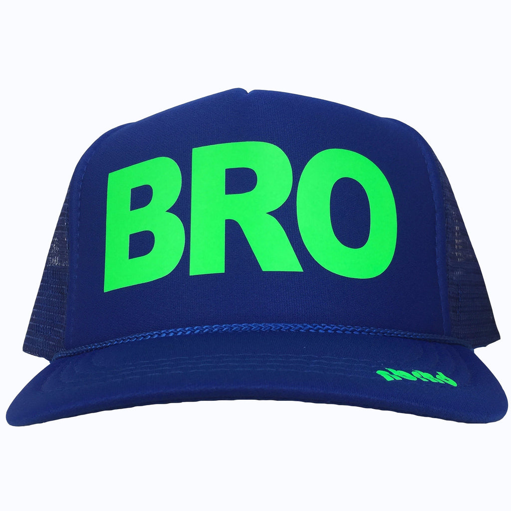 BRO in neon green ink on the front panel of a blue trucker cap with an adjustable snapback, small fit