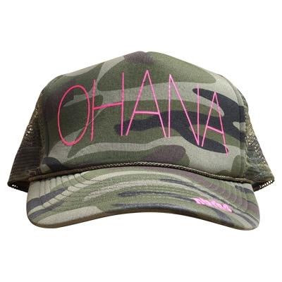 Ohana in pink ink on the front panel of a classic mesh camo trucker cap with an adjustable snapback