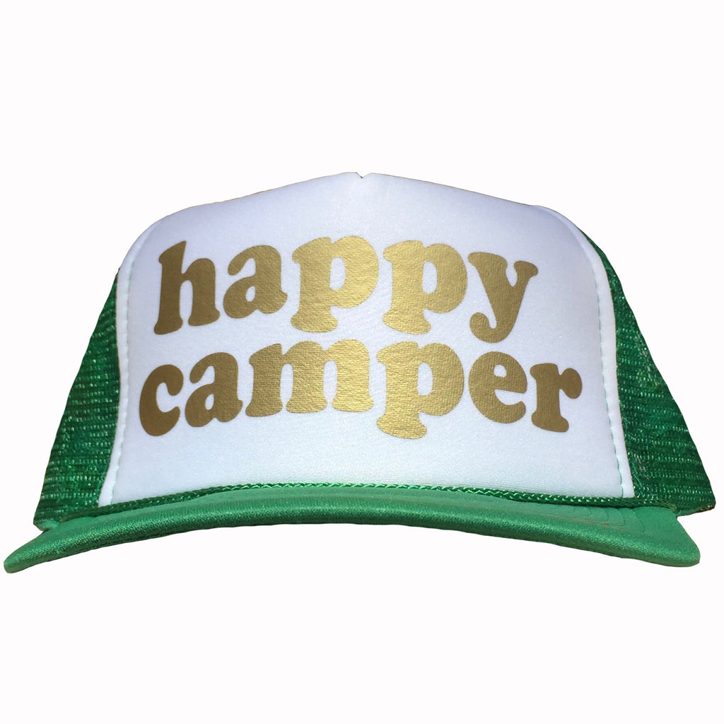 happy camper in gold ink on the front panel of a mesh green-white trucker cap with an adjustable snapback