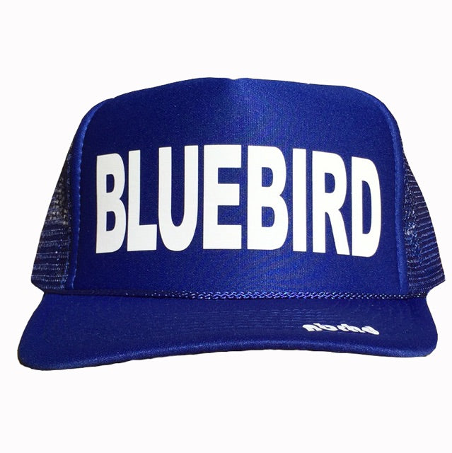 Bluebird in white ink on the front panel of a blue mesh trucker cap with an adjustable snapback