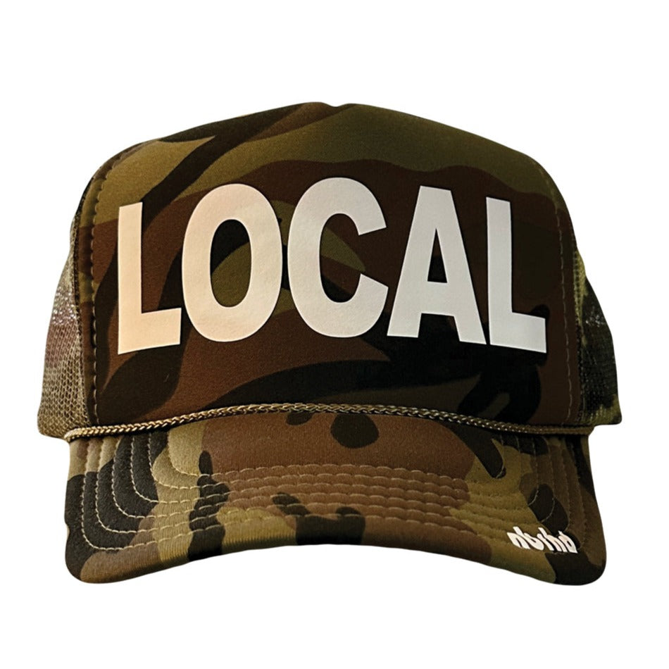 Camo trucker hat with Local in white