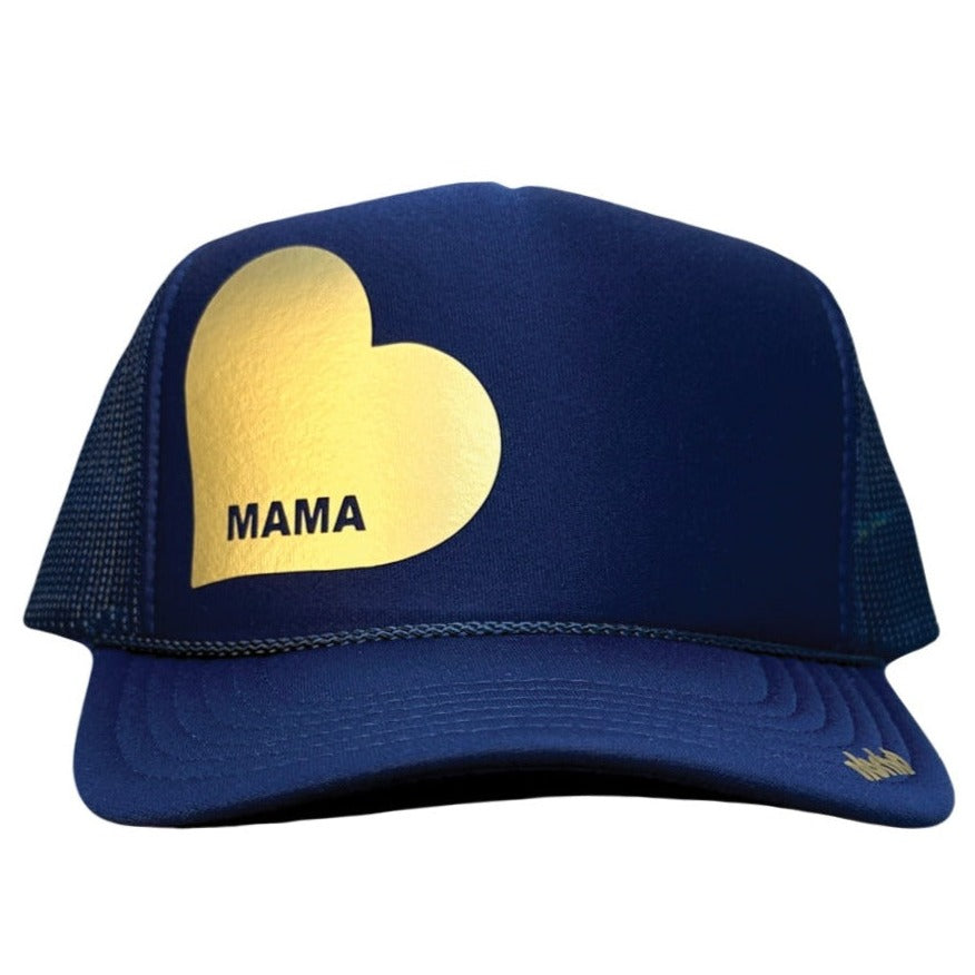 Navy trucker hat with mesh and adjustable strap. Gold heart with word Mama on left side in the front. 