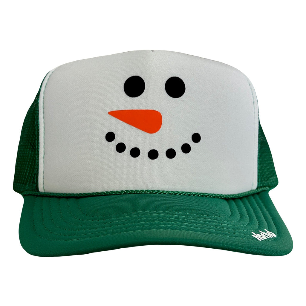 Trucker hat in Kelly Green with a Snowman's face on a white front