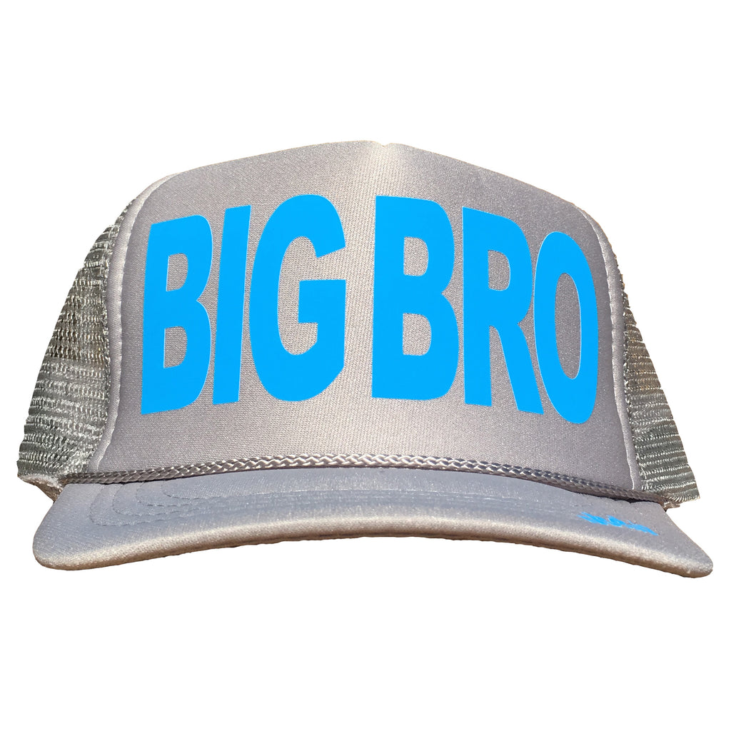 Big Bro in light blue ink on the front panel of a kid's mesh light gray trucker cap with an adjustable snapback, small fit