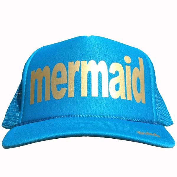 Mermaid in gold ink on the front panel of a mesh Columbia Blue trucker cap with an adjustable snapback