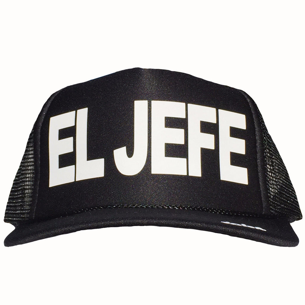 El Jefe in white ink on the front panel of a black mesh trucker cap with an adjustable snapback