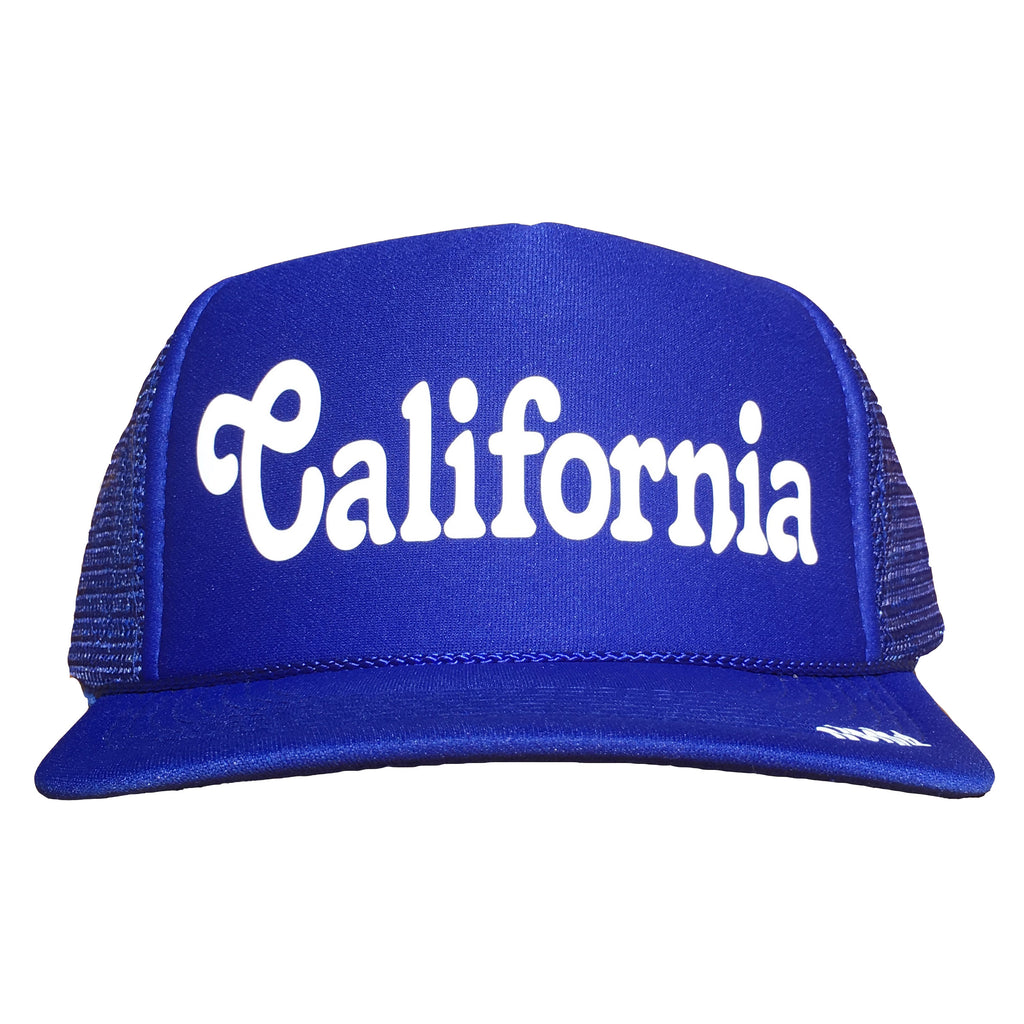 California in white ink on the front panel of a blue mesh trucker cap with an adjustable snapback