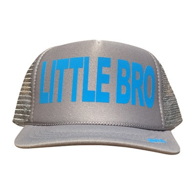 Little Bro in Columbia Blue  ink on the front panel of a gray trucker cap with an adjustable snapback, small fit