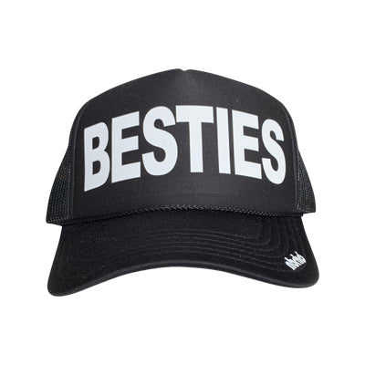Besties in white ink on the front panel of a classic mesh black trucker cap with an adjustable snapback