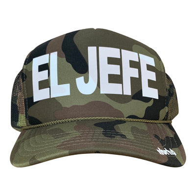 El Jefe in white ink on the front panel of an olive camo mesh trucker cap with an adjustable snapback