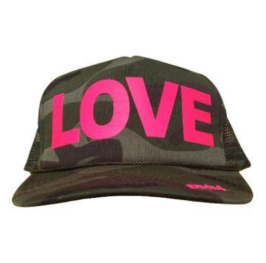 LOVE in pink ink on the front panel of a classic mesh camo trucker cap with an adjustable snapback