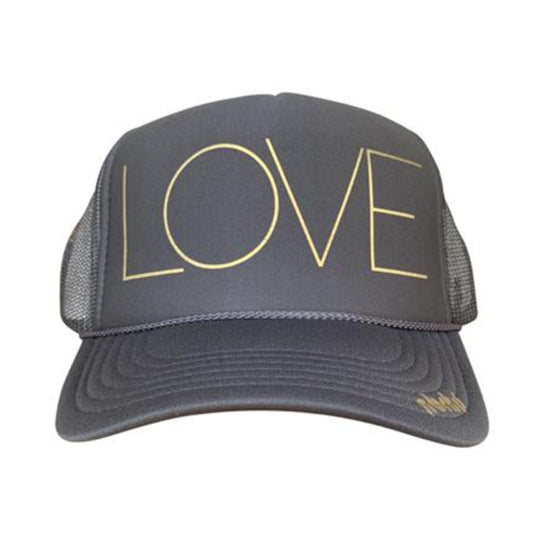 LOVE in gold ink on the front panel of a classic mesh charcoal trucker cap with an adjustable snapback
