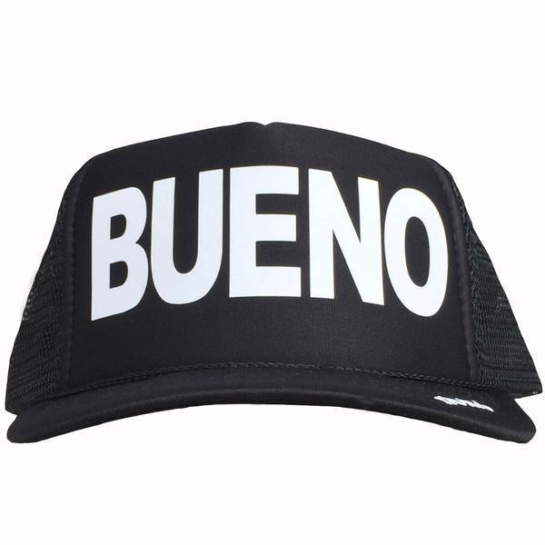 Bueno in white ink on the front panel of a black mesh trucker cap with an adjustable snapback