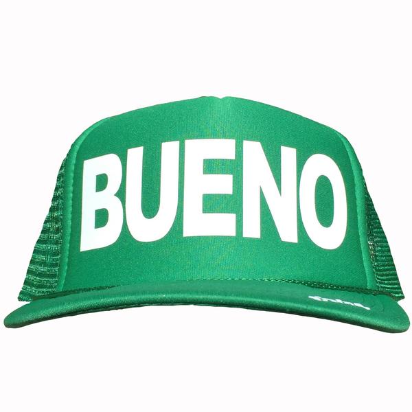 Bueno in white ink on the front panel of a green mesh trucker cap with an adjustable snapback