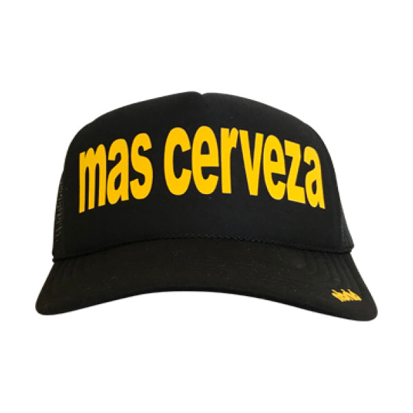 Mas Cerveza in yellow ink on the front panel of a classic mesh black trucker cap with an adjustable snapback
