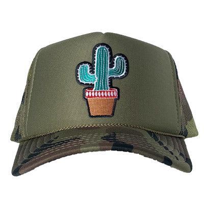 Cactus patch on the front panel of an olive camo trucker cap with an adjustable snapback