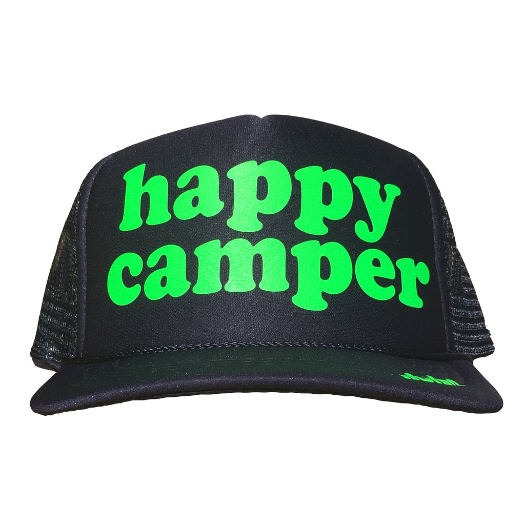 happy camper in neon green ink on the front panel of a mesh navy trucker cap with an adjustable snapback, small fit