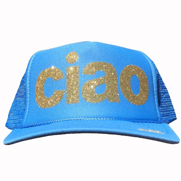 Ciao in glitter gold ink on the front panel of a Columbia blue mesh trucker cap with an adjustable snapback