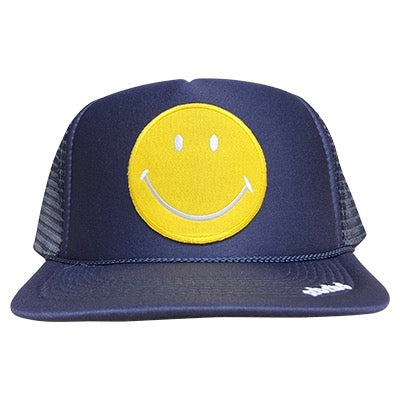 Yellow Happy Face patch on the front panel of a mesh navy trucker cap with an adjustable snapback, small fit