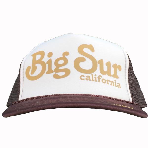 Big Sur California in gold ink on the front panel of a white-brown trucker cap with an adjustable snapback