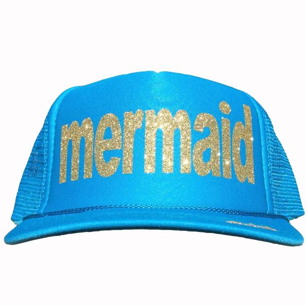 Mermaid in glitter gold ink on the front panel of a  mesh Columbia Blue trucker cap with an adjustable snapback