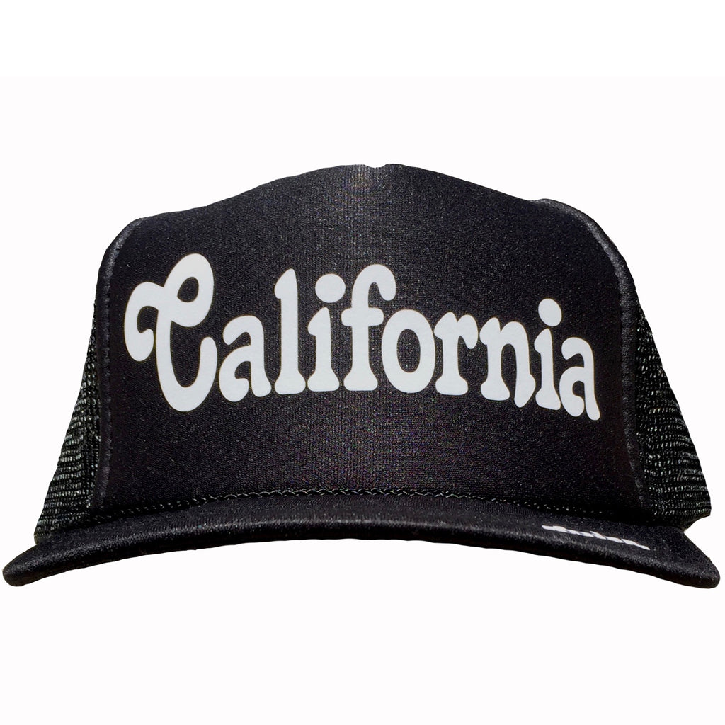 California in white ink on the front panel of a black mesh trucker cap with an adjustable snapback